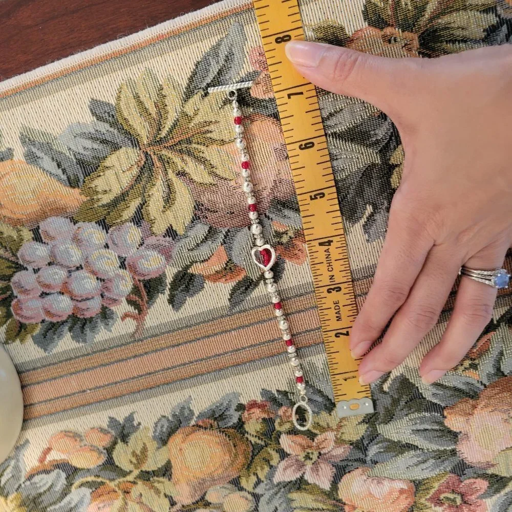 Handmade Beaded Bracelet Silver Heart & Red Beads